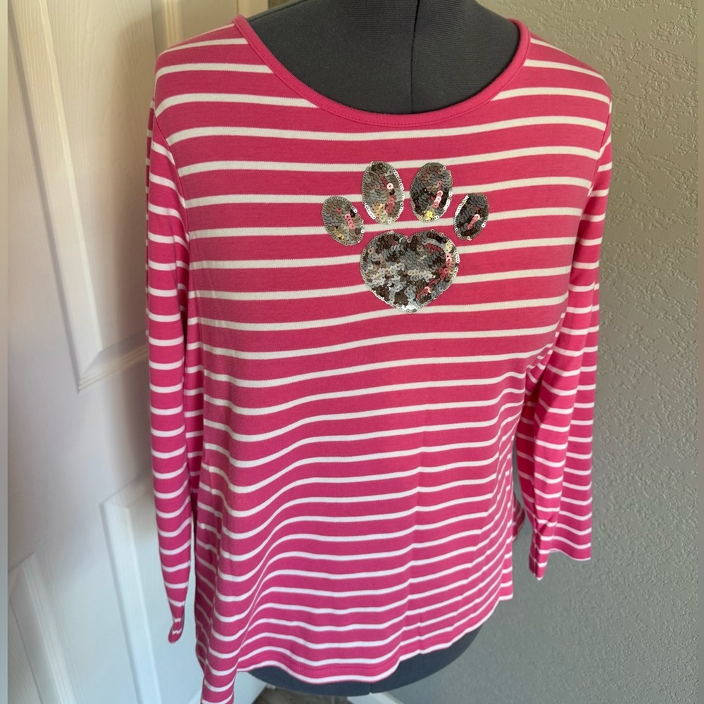 Quacker Factory Pink Striped Long Sleeve Tee with Sequin Paw
